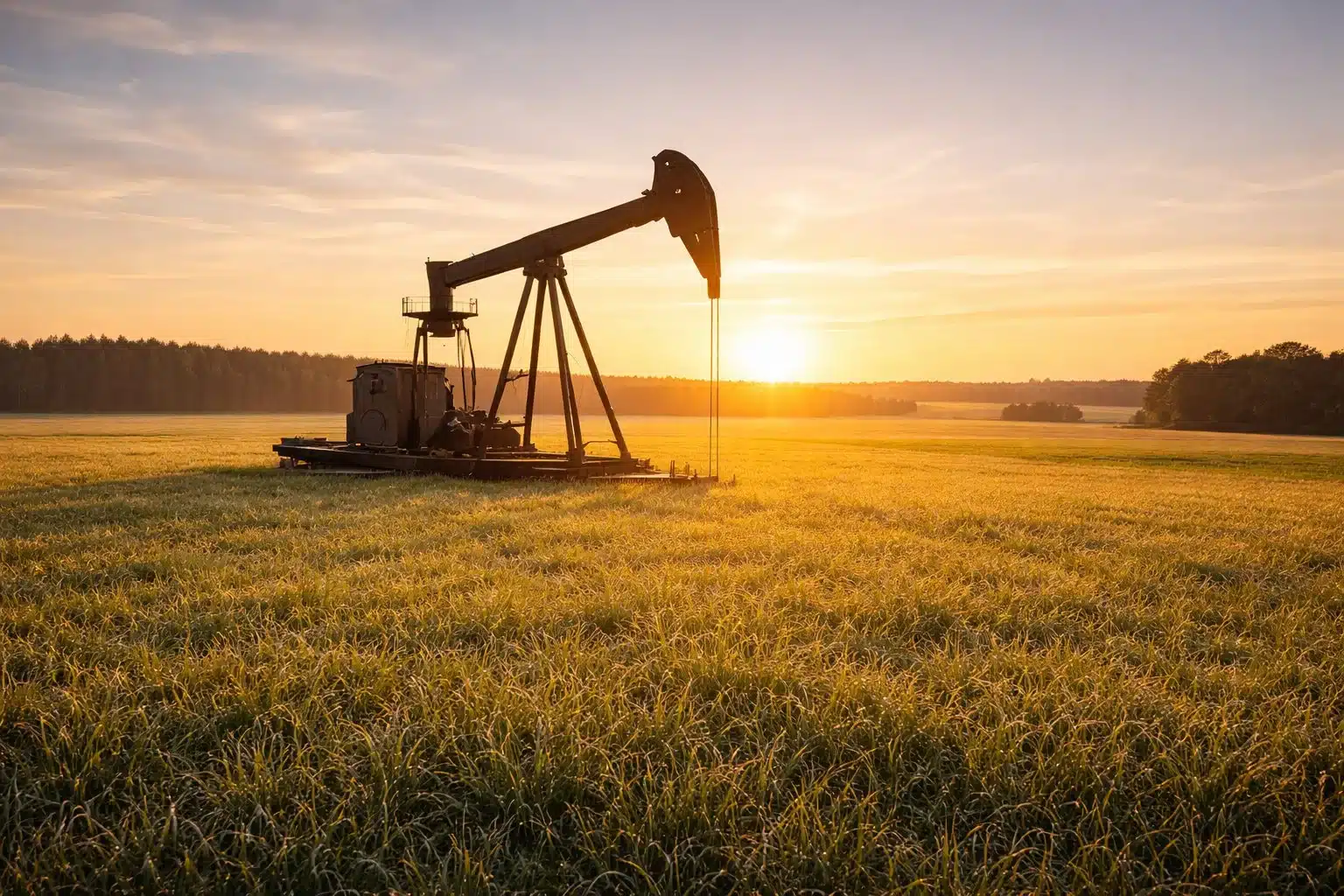 energy-photo Oil pumpjack at sunrise in grassy field