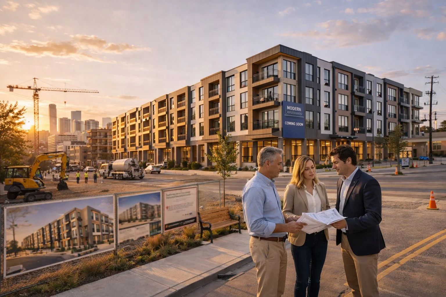 opportunity-zone Three people reviewing plans at apartment construction site