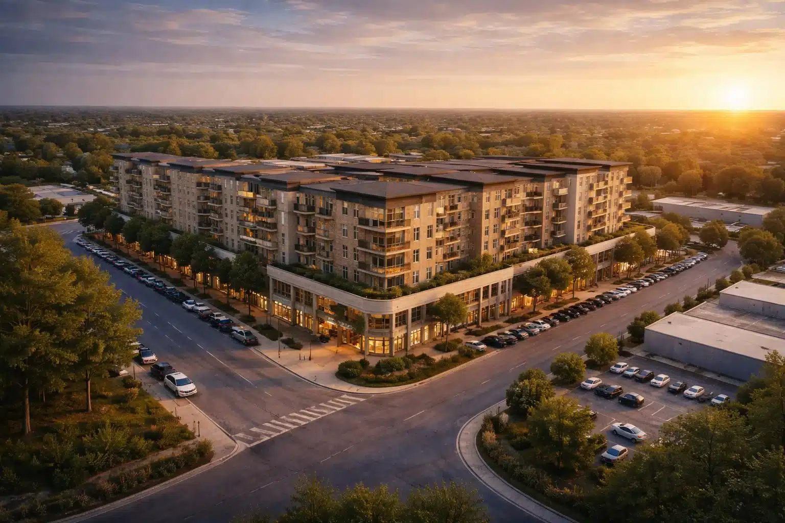 property-photo-dst-image Aerial view of modern apartment building at sunset